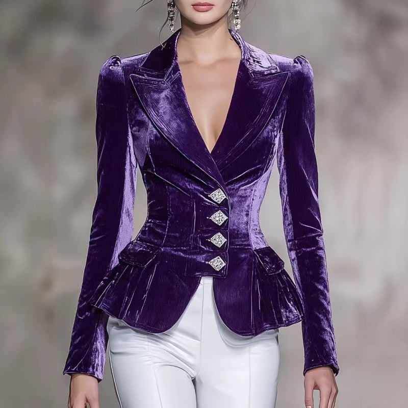 Дамски кадифен блейзър костюм, тесен силует, предна цепка