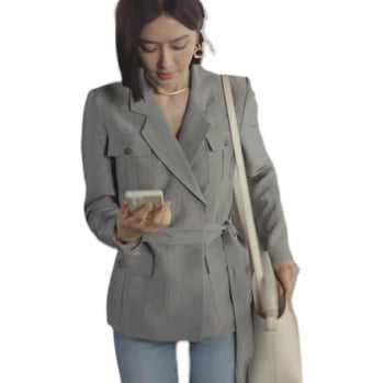 Дамско сиво сако с връзки, ежедневен стил, корейско вдъхновение, пролетно-есенен стил, дълги ръкави