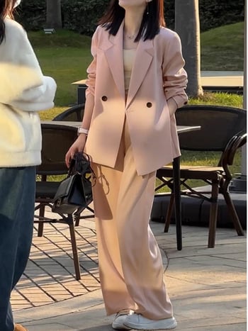 XZ121 Женски розов костюм: сако и широки панталони за пролет и есен, свободен крой, плюс размер