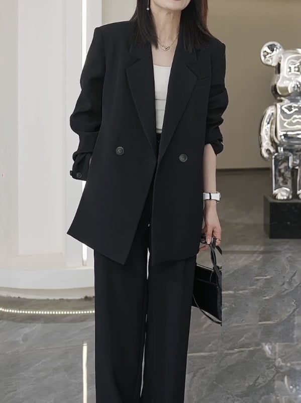 XZ121 Женски розов костюм: сако и широки панталони за пролет и есен, свободен крой, плюс размер