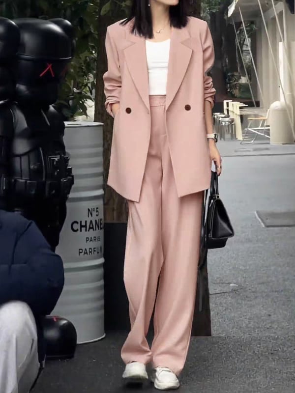 XZ121 Женски розов костюм: сако и широки панталони за пролет и есен, свободен крой, плюс размер