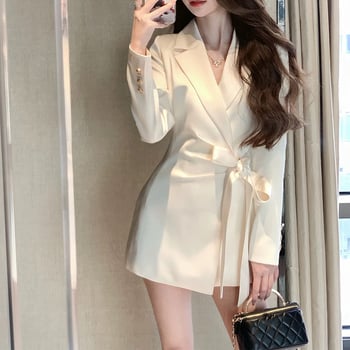 Полу-дълго сако от сатенен ацетат с колан, пролет 2025, корейски стил за дами