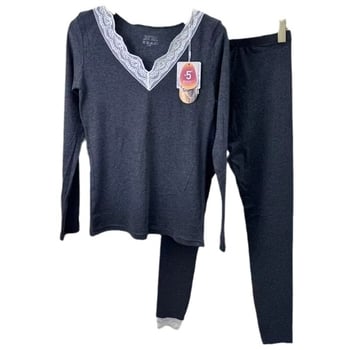 Feiziji 8130 Дантелено V-образно деколте, секси тънко термално бельо комплект за жени – топ и панталони за есен и зима