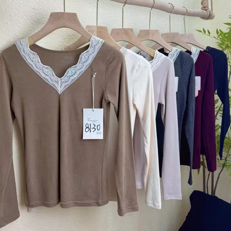 Feiziji 8130 Дантелено V-образно деколте, секси тънко термално бельо комплект за жени – топ и панталони за есен и зима