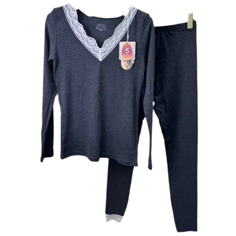 Feiziji 8130 Дантелено V-образно деколте, секси тънко термално бельо комплект за жени – топ и панталони за есен и зима