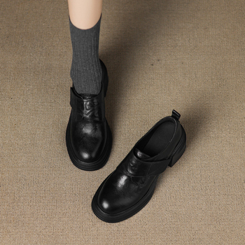 Pantofi dama din piele, toc mic de 3 cm, model nou de toamnă, deschidere profundă, toc gros, stil britanic