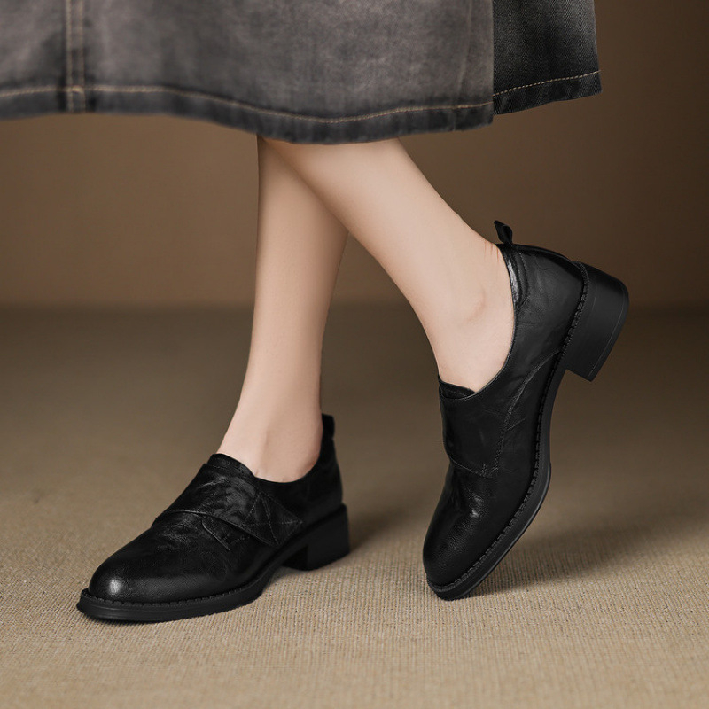 Pantofi dama din piele, toc mic de 3 cm, model nou de toamnă, deschidere profundă, toc gros, stil britanic