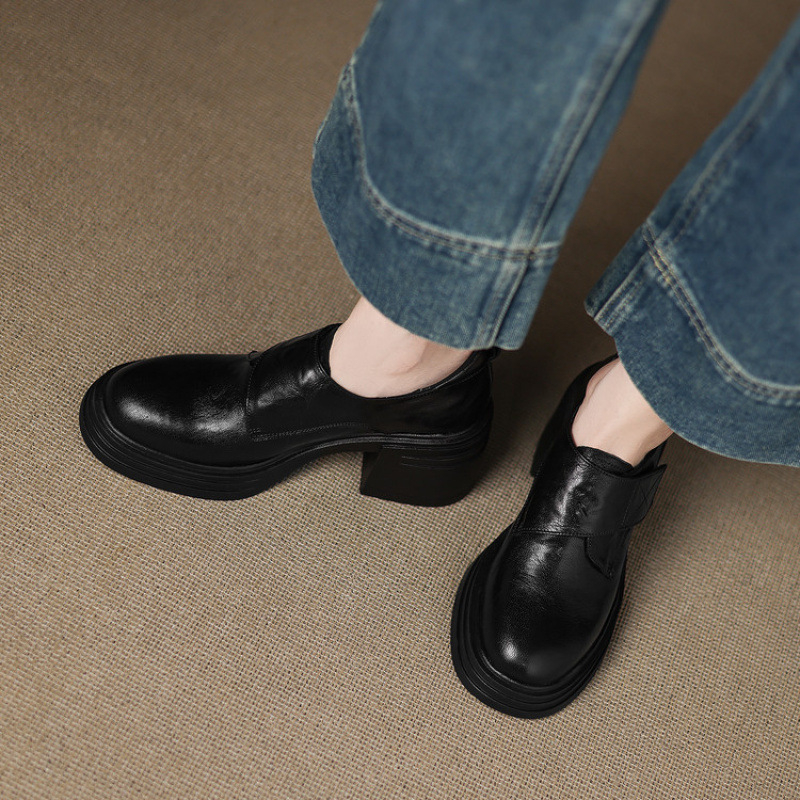 Pantofi dama din piele, toc mic de 3 cm, model nou de toamnă, deschidere profundă, toc gros, stil britanic