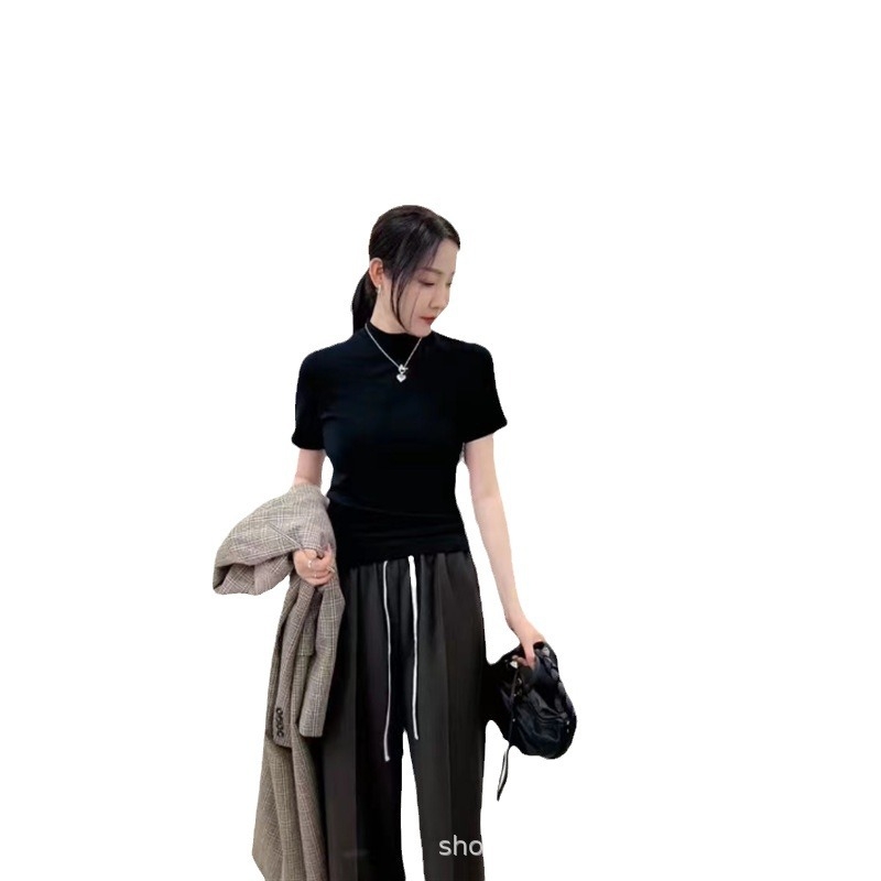 Дамска късръкавна базова тениска със стояща яка, тънка и еластична, Slim fit
