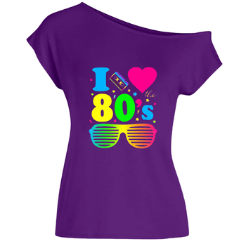 I Love the 80s - Тениска за жени с асиметрично деколте и открити рамене, неравна кройка, къс ръкав