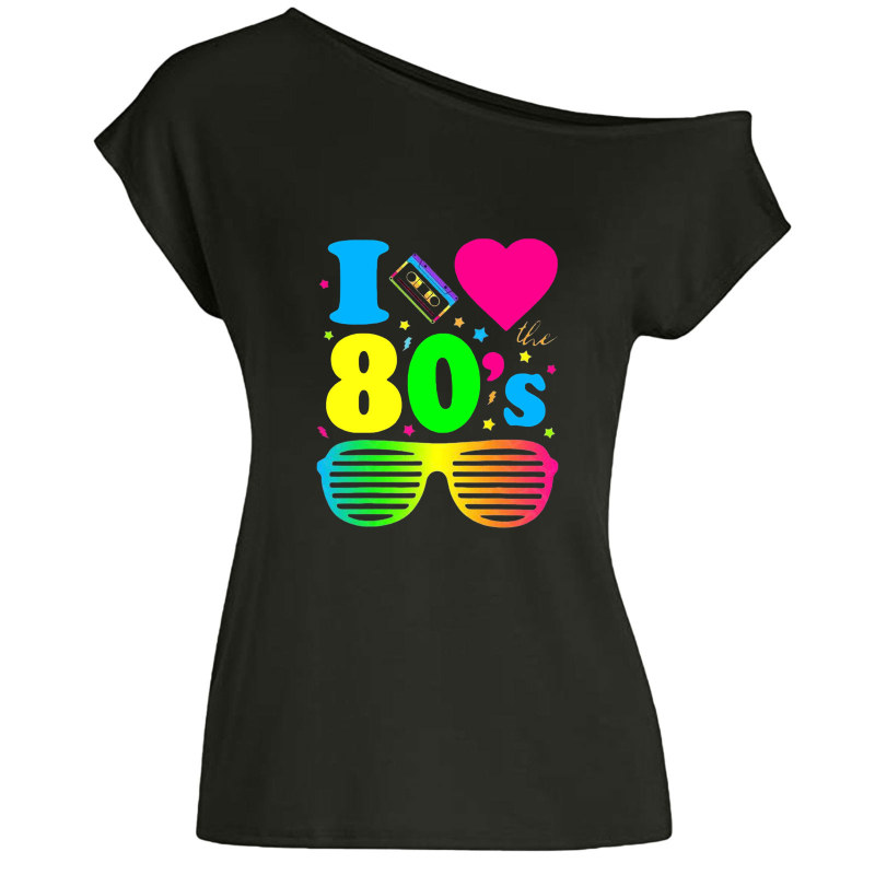 I Love the 80s - Тениска за жени с асиметрично деколте и открити рамене, неравна кройка, къс ръкав