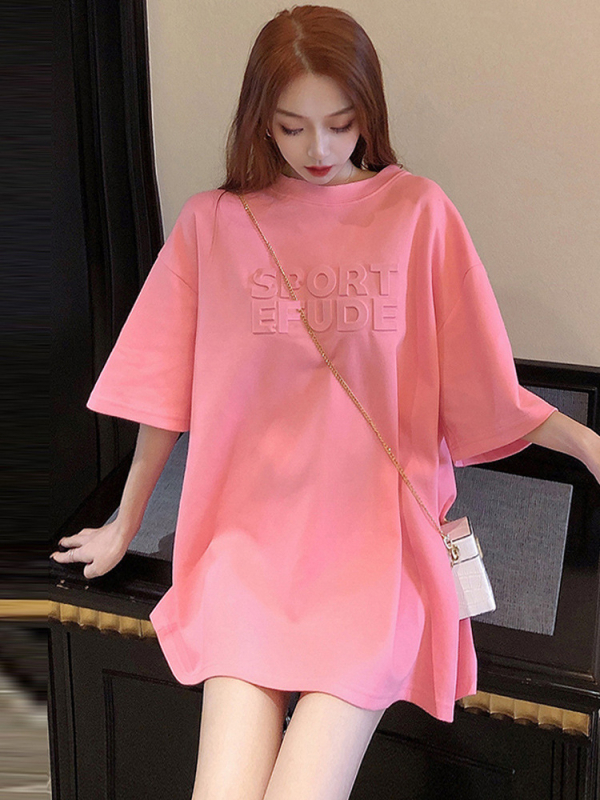 Дамска розова тениска с къс ръкав, oversize, средна дължина, покриваща ханша, европейски стил, текстов принт