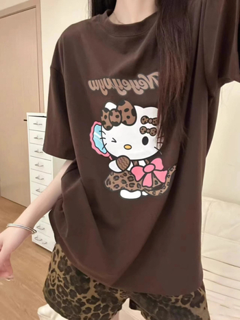 Дамска плюс размер T-шърт с принт KT котка, къс ръкав, свободна кройка, лято 2025