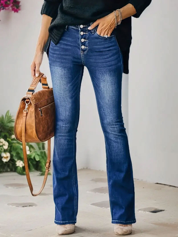 Blugi/pantaloni de damă cu talie înaltă, croială mulată, elastici, ușor evazați cu nasturi