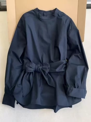 Тъмносин топ с кръгло деколте, свободна кройка, дълги ръкави, минималистичен корейски стил за жени