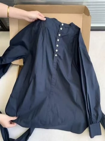 Тъмносин топ с кръгло деколте, свободна кройка, дълги ръкави, минималистичен корейски стил за жени