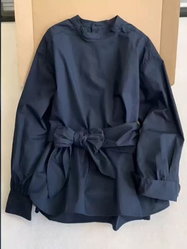 Тъмносин топ с кръгло деколте, свободна кройка, дълги ръкави, минималистичен корейски стил за жени