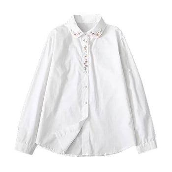 Дамска памучна риза с дълги ръкави и бродерия, ретро стил, бяла за пролет и есен