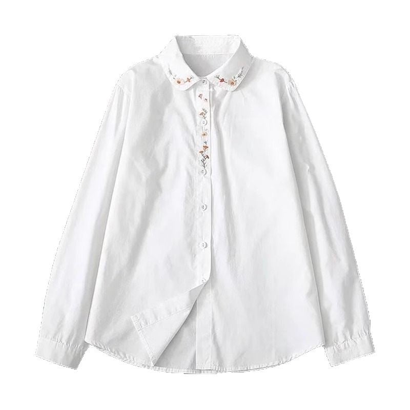 Дамска памучна риза с дълги ръкави и бродерия, ретро стил, бяла за пролет и есен