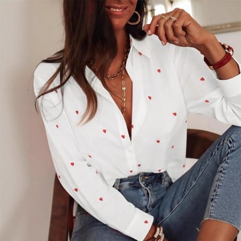 Френски стил: риза с лафел яка, дълги ръкави, принт със сърце, за жени, пролет/есен, елегантна и стройна визия