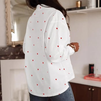 Френски стил: риза с лафел яка, дълги ръкави, принт със сърце, за жени, пролет/есен, елегантна и стройна визия