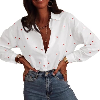 Френски стил: риза с лафел яка, дълги ръкави, принт със сърце, за жени, пролет/есен, елегантна и стройна визия
