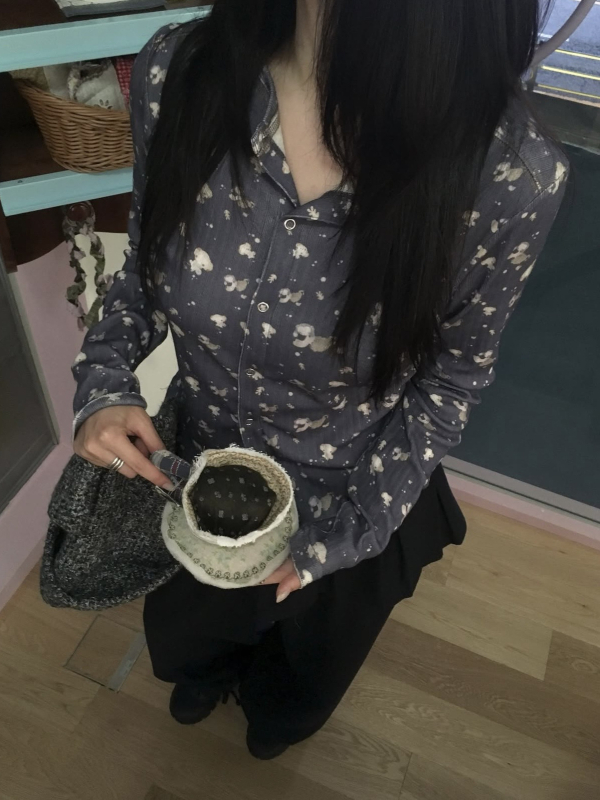 Сладък принт на животни, пълен принт върху дълъг ръкав T‑shirt с кардиган стил със скрити копчета за момичета