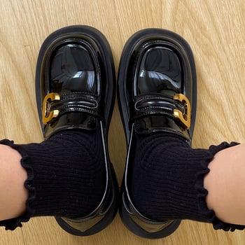 Fekete női vastag talpú loaferek, 2023-as brit stílusú nyári retró, fényes PU bőr, slip-on