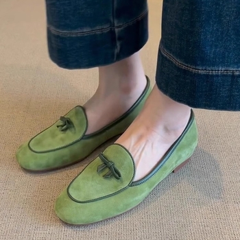 Ženski nubuk loafers s mašnicom, podstava od ovčje kože, skrivena visina, udobne slip-on cipele