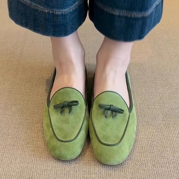 Ženski nubuk loafers s mašnicom, podstava od ovčje kože, skrivena visina, udobne slip-on cipele