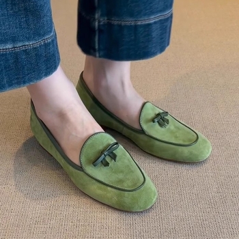 Ženski nubuk loafers s mašnicom, podstava od ovčje kože, skrivena visina, udobne slip-on cipele
