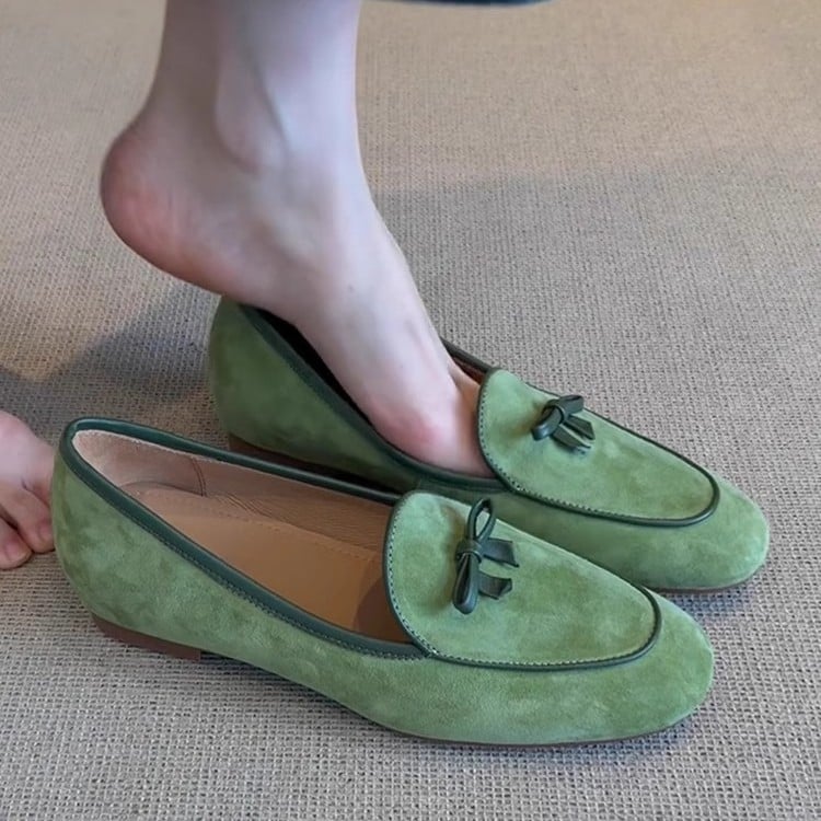 Ženski nubuk loafers s mašnicom, podstava od ovčje kože, skrivena visina, udobne slip-on cipele