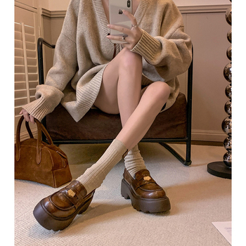 Дамски кожени лофери с кръгъл нос и платформа, черни, британски стил, дебела подметка, обувки за работа