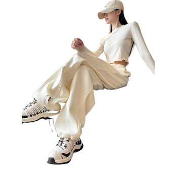 Бели дамски спортни панталони за пролет и есен 2025 г., американски стил, бананови широки джогър панталони с висока талия, драпирани и с връзка за стягане