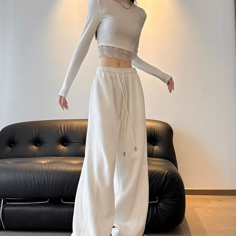 Бели дамски спортни панталони за пролет и есен 2025 г., американски стил, бананови широки джогър панталони с висока талия, драпирани и с връзка за стягане
