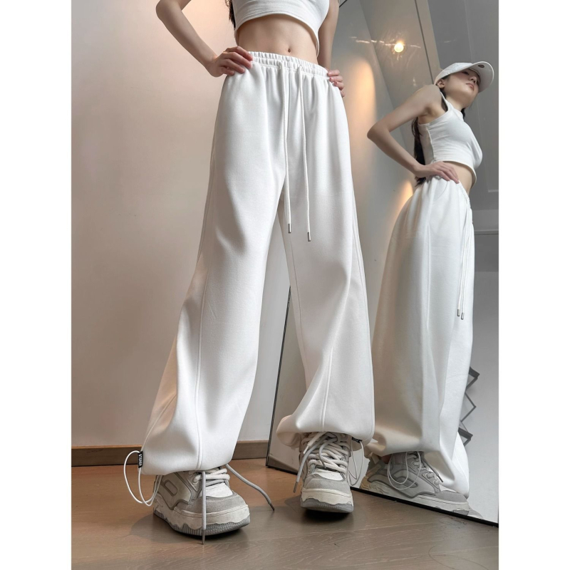 Бели дамски спортни панталони за пролет и есен 2025 г., американски стил, бананови широки джогър панталони с висока талия, драпирани и с връзка за стягане