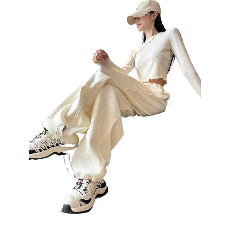 Бели дамски спортни панталони за пролет и есен 2025 г., американски стил, бананови широки джогър панталони с висока талия, драпирани и с връзка за стягане