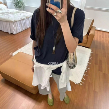 Памучни панталони с прави крачета, 3/4 дължина, еластична талия, разрошен ръб, корейски стил, есен 2025