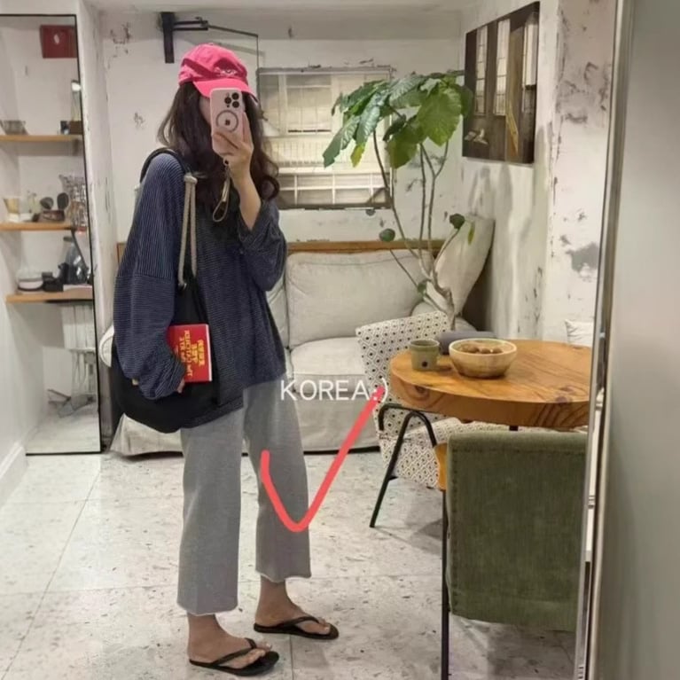 Памучни панталони с прави крачета, 3/4 дължина, еластична талия, разрошен ръб, корейски стил, есен 2025