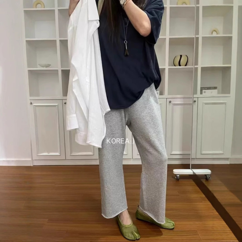 Памучни панталони с прави крачета, 3/4 дължина, еластична талия, разрошен ръб, корейски стил, есен 2025