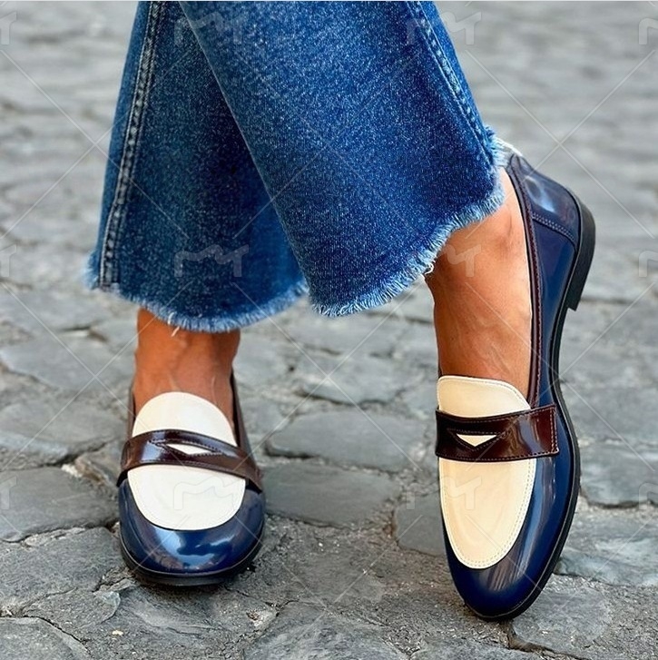Női nyári slip-on loaferek, kerek orrú, PU felsőrész, színes blokkolt dizájn, méretek 40–43, alacsony négyszögletes sarok