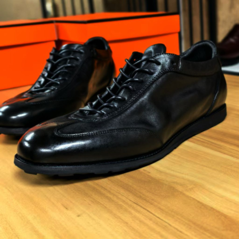 Fekete lóhóből készült edzőcipő férfiaknak, vintage hétköznapi bőr sneaker, légáteresztő, sík talp