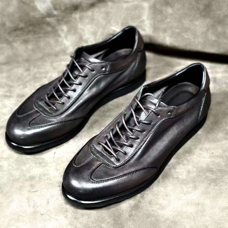 Fekete lóhóből készült edzőcipő férfiaknak, vintage hétköznapi bőr sneaker, légáteresztő, sík talp