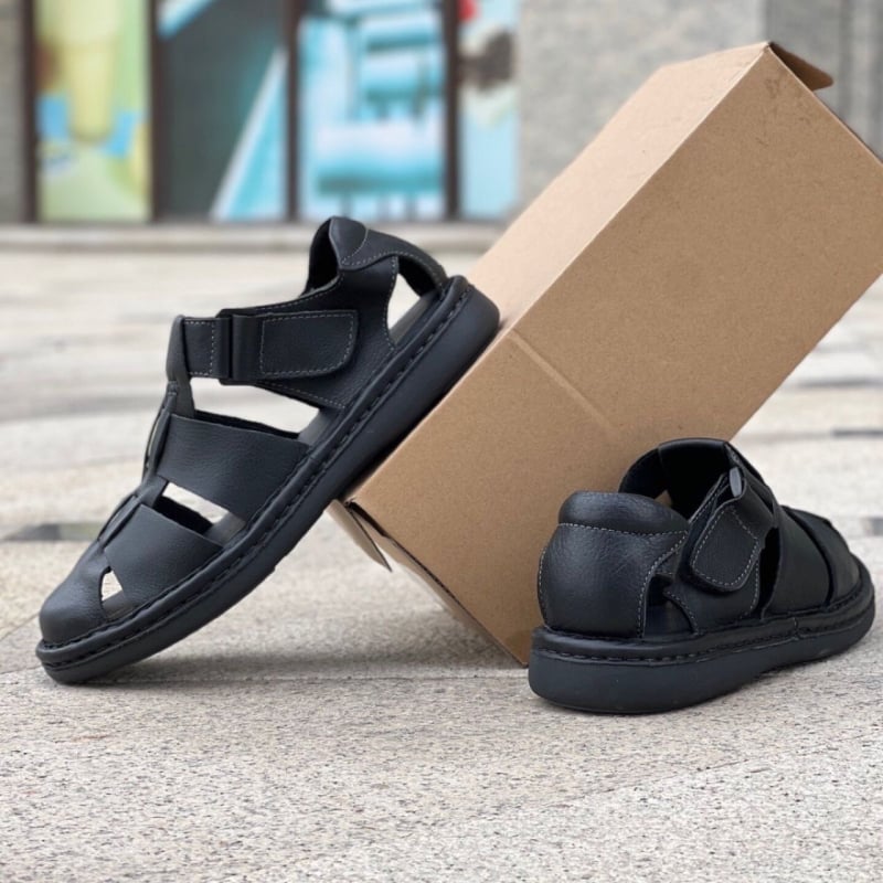 Мъжки римски сандали от телешка кожа с гумена подметка, закопчаване с велкро, ръчно ушити