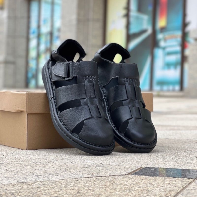 Мъжки римски сандали от телешка кожа с гумена подметка, закопчаване с велкро, ръчно ушити