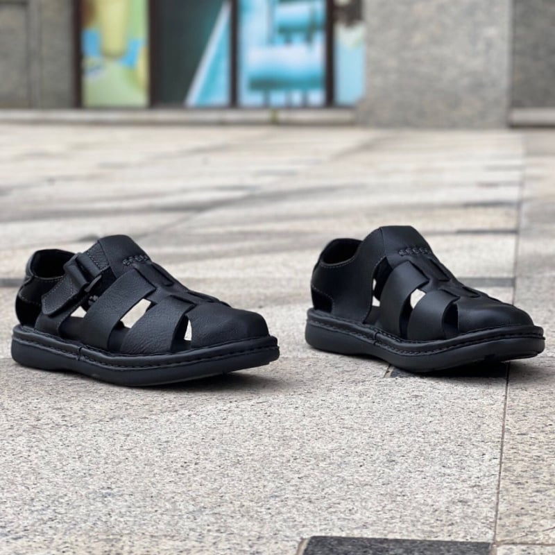 Мъжки римски сандали от телешка кожа с гумена подметка, закопчаване с велкро, ръчно ушити