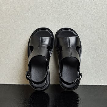 Мъжки кожени сандали с топ слой кожа, летни дишащи и с антимиризма, дебела подметка, повдигане 6 cm, отворен пръст, закопчаване с катарама