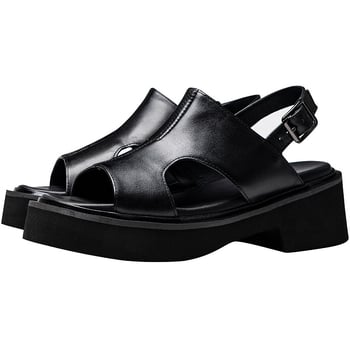 Мъжки кожени сандали с топ слой кожа, летни дишащи и с антимиризма, дебела подметка, повдигане 6 cm, отворен пръст, закопчаване с катарама