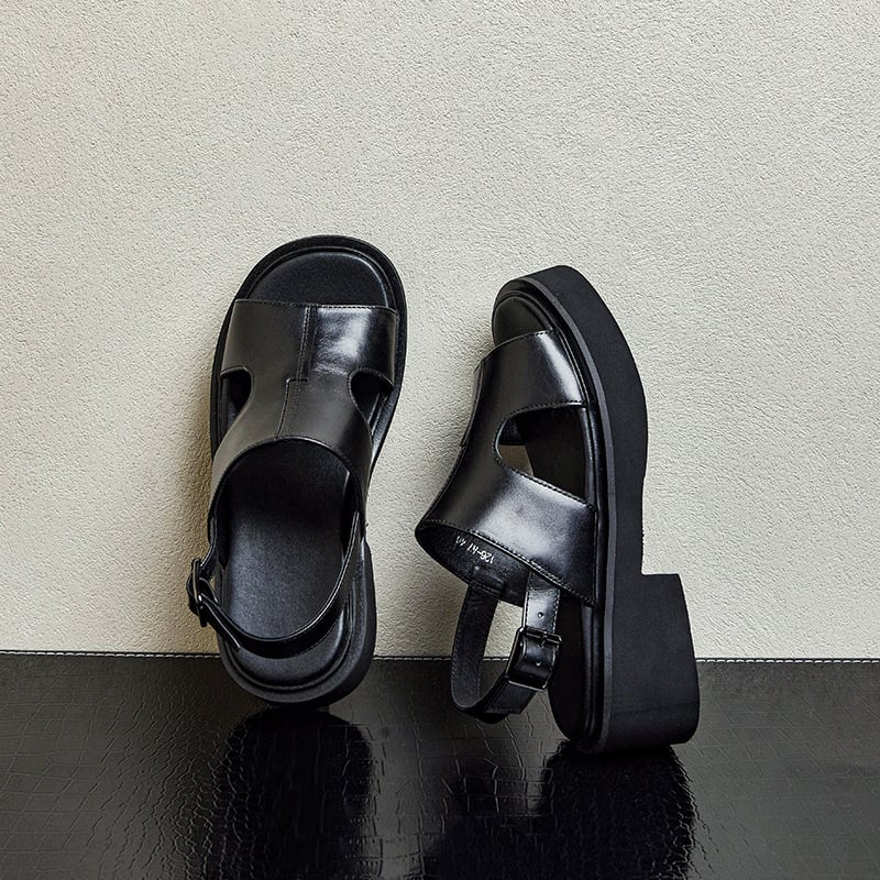 Мъжки кожени сандали с топ слой кожа, летни дишащи и с антимиризма, дебела подметка, повдигане 6 cm, отворен пръст, закопчаване с катарама