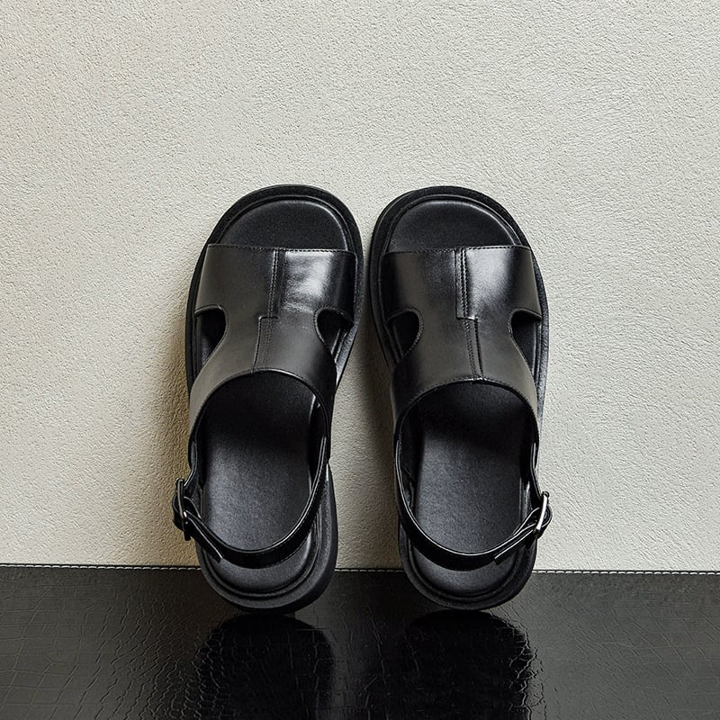 Мъжки кожени сандали с топ слой кожа, летни дишащи и с антимиризма, дебела подметка, повдигане 6 cm, отворен пръст, закопчаване с катарама